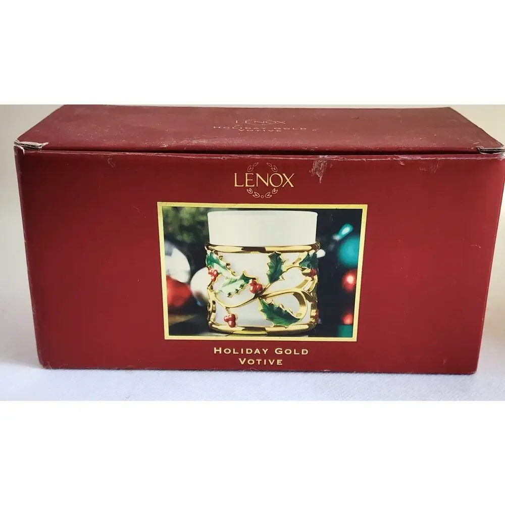 Lenox Holiday Gold Votive Candle Holder Holly Berries Christmas NO Glass Insert